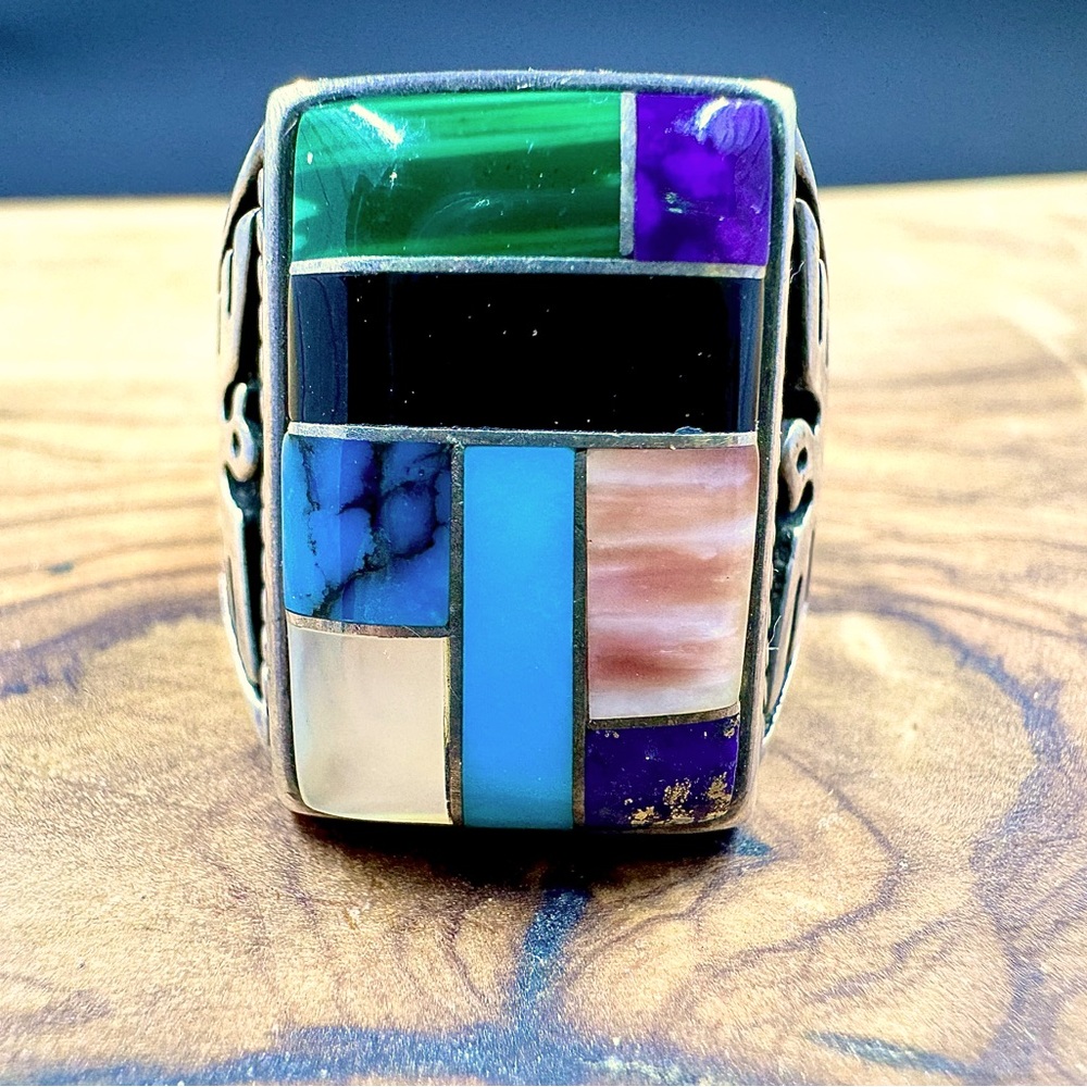 Antique Zuni MOP Turquoise Jasper Carnelian Lapis Malachite IObsidian Ring - Picture 3 of 8